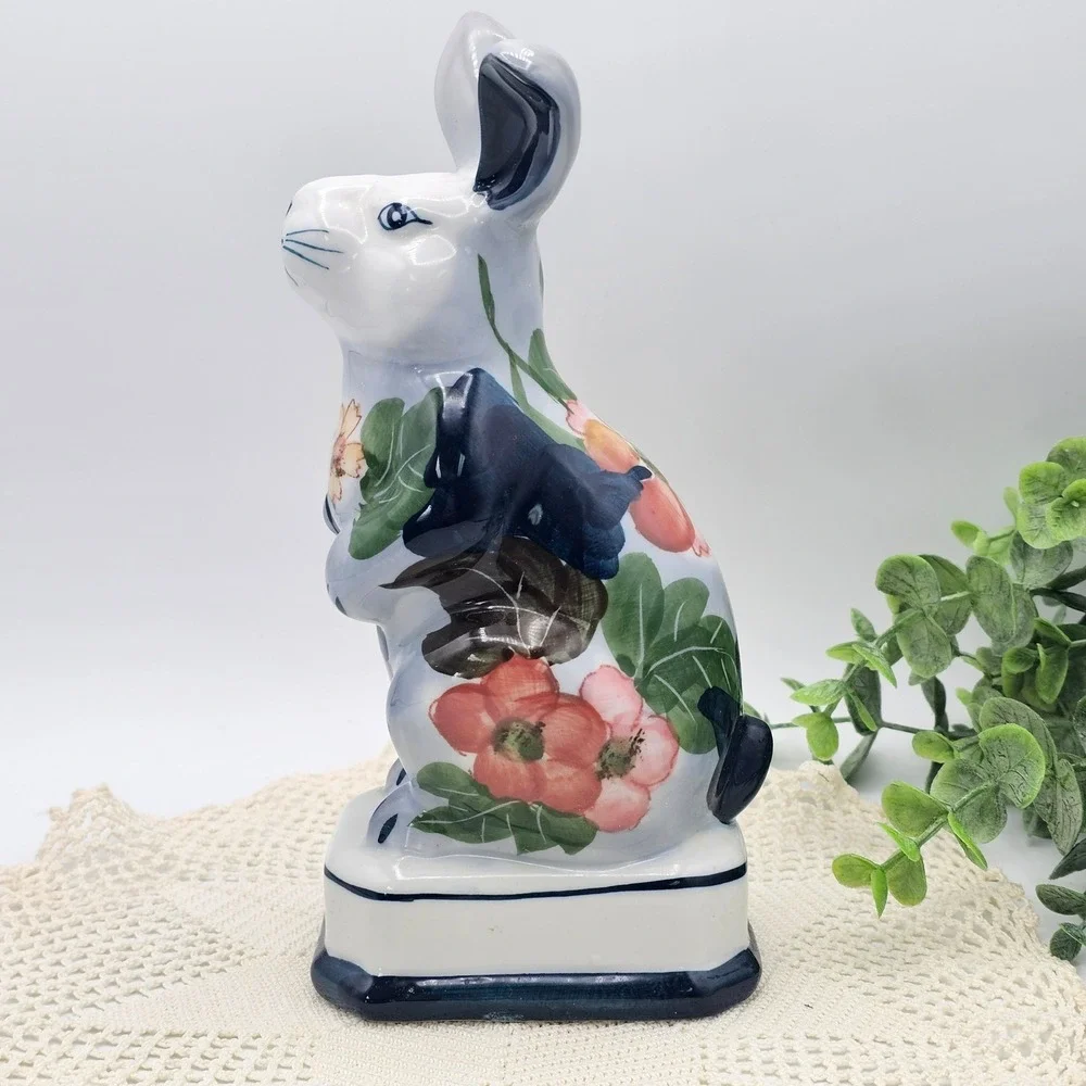 Vintage Andrea by Sadek Porcelain Bunny Rabbit Blue Floral Butterfly Figurine